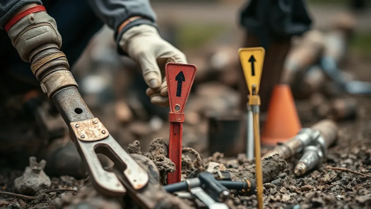 Tools and site markers used in Burst pipe repair