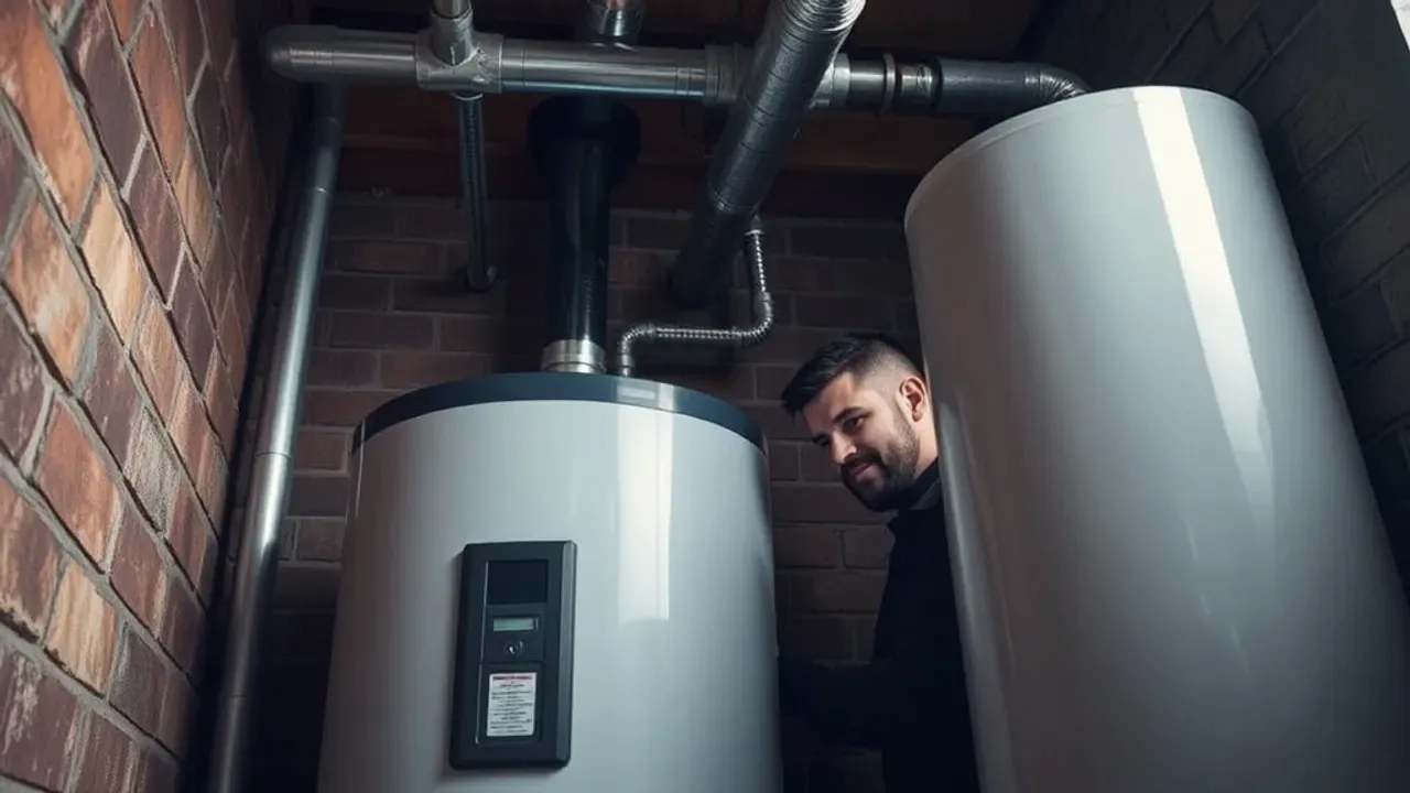 Two professionals working on Unvented hot water cylinder near Burton-on-Trent